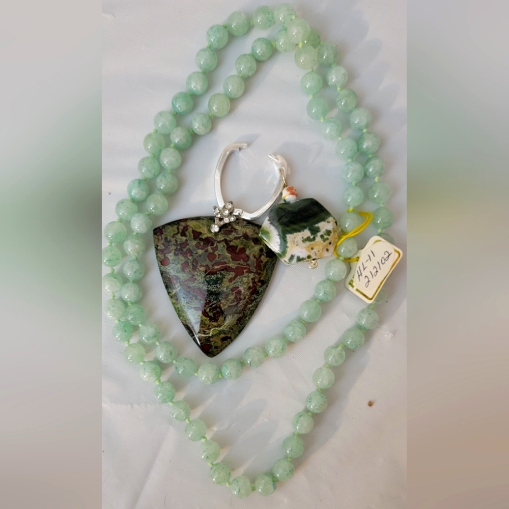 Jadelite beaded Necklace w/ dragon blood & Ocean Jaspar pendants